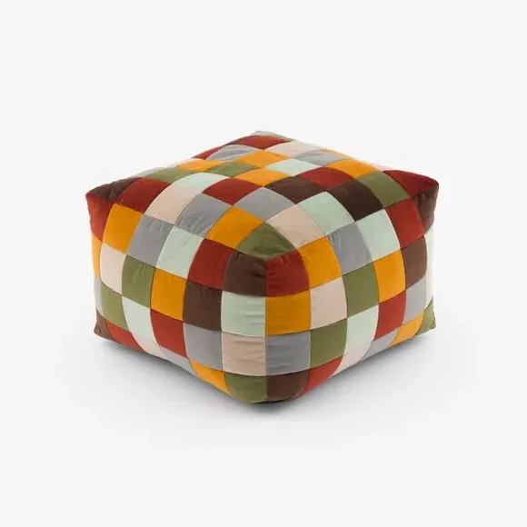Cube Pouffe with Patchwork Design - Multicolor