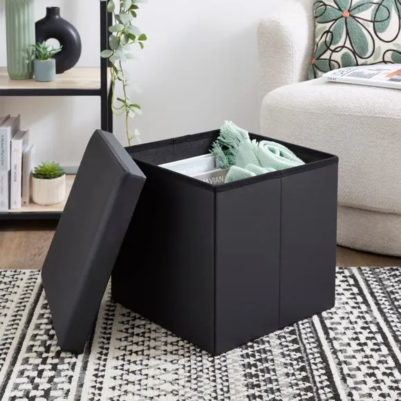 Cube Storage Ottoman - Black, Faux Leather