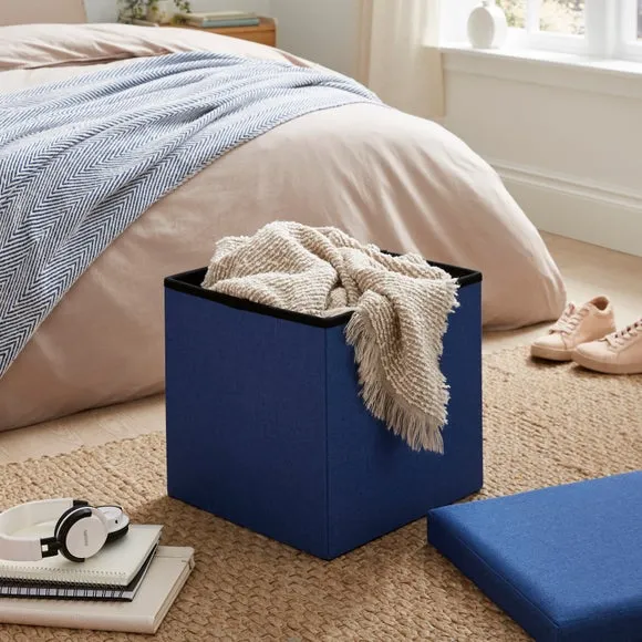 Cube Storage Ottoman - Blue, Faux Linen