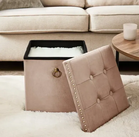 Cube Storage Ottoman with Folding - Cream, Velvet