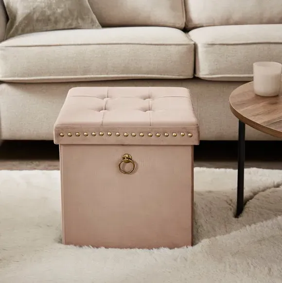 Cube Storage Ottoman with Folding - Cream, Velvet image