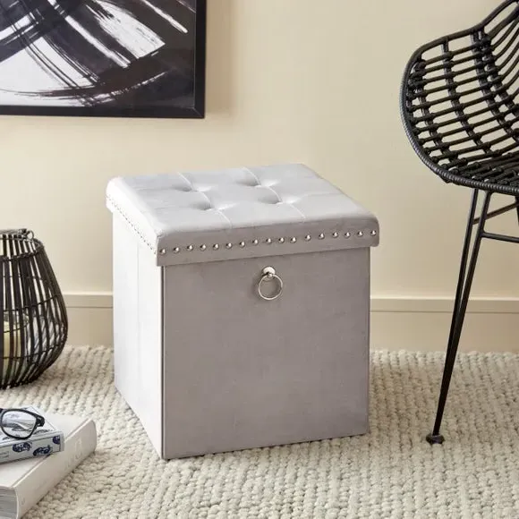 Cube Storage Ottoman with Folding - Grey, Velvet