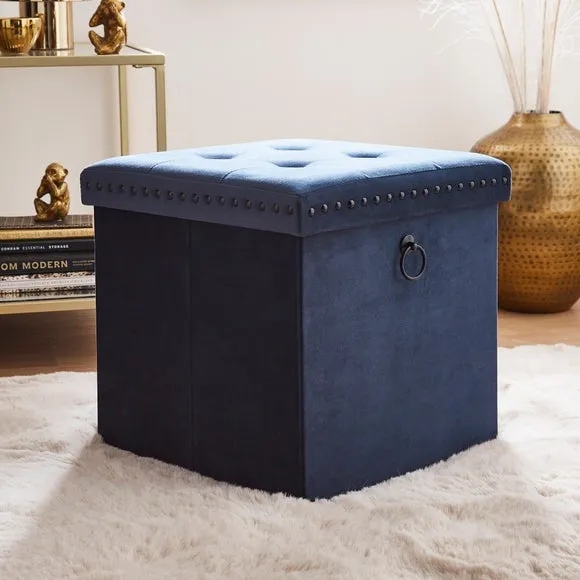 Cube Storage Ottoman with Folding - Navy, Velvet