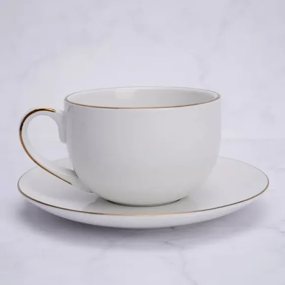 Cup and Saucer Set with Gold Rim - White, Porcelain image