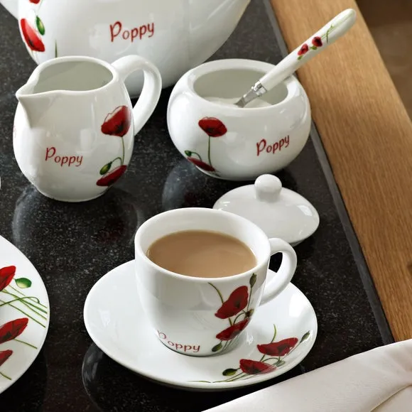 Cup & Saucer Set with Poppy Design - White
