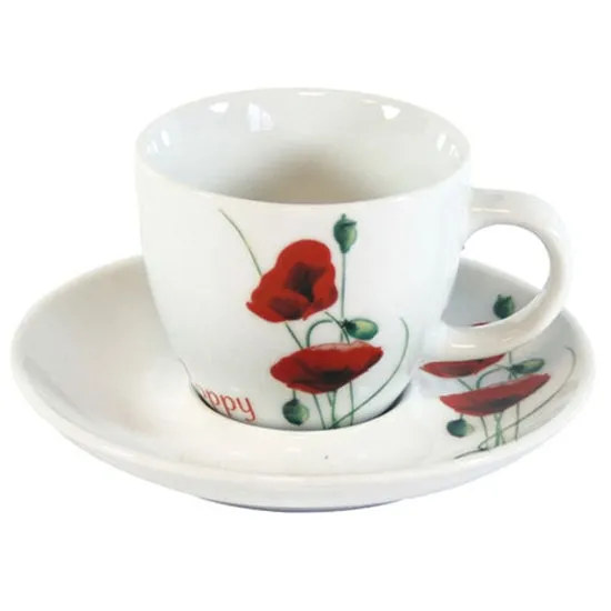 Cup & Saucer Set with Poppy Design - White