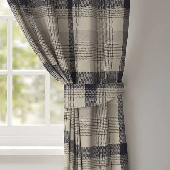 Curtain Tieback with Check Pattern - Indigo