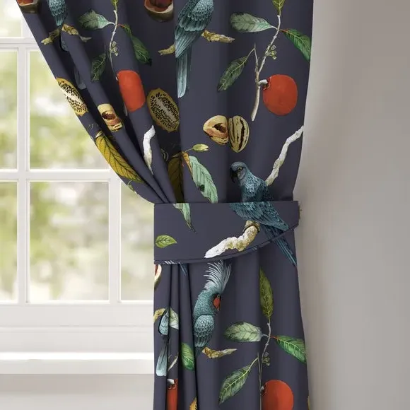 Curtain Tieback with Cockatoo Design - Ink, Velvet