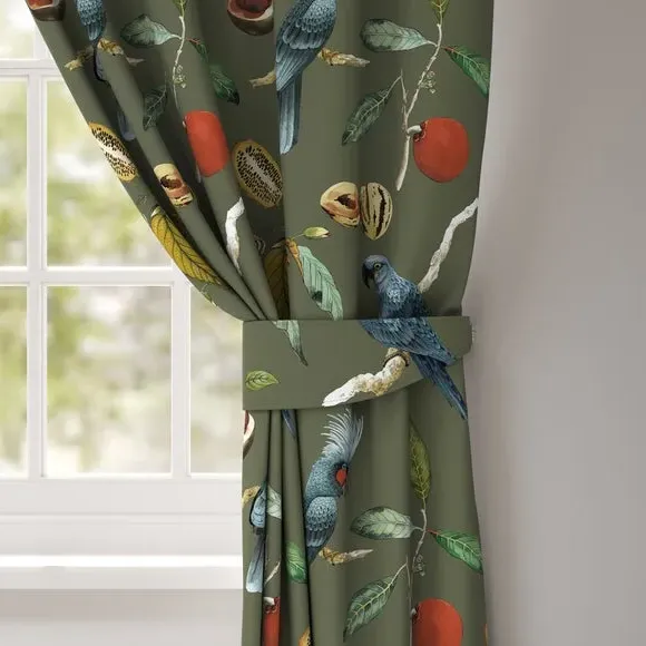 Curtain Tieback with Cockatoo Design - Olive, Velvet