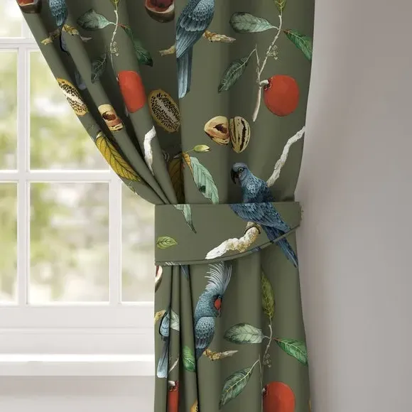 Curtain Tieback with Cockatoo Design - Olive, Velvet