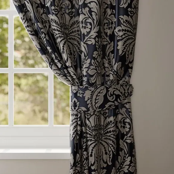 Curtain Tieback with Damask Pattern - Ink