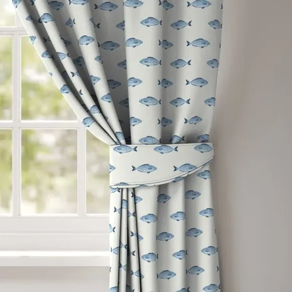 Curtain Tieback with Fish Print - Blue, Cotton