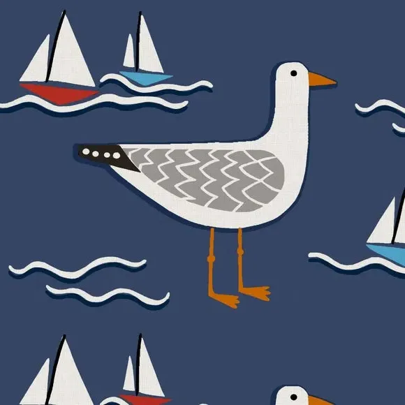 Curtain Tieback with Seagull Pattern - Navy, Cotton