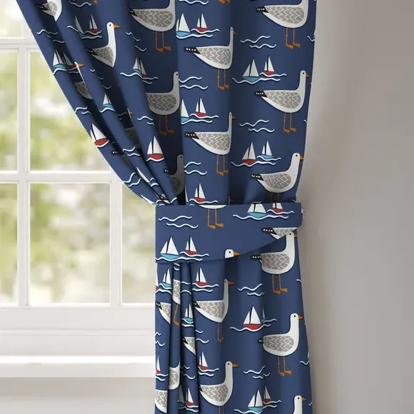 Curtain Tieback with Seagull Pattern - Navy, Cotton