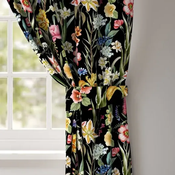 Curtain Tieback with Tropical Design - Black, Velvet
