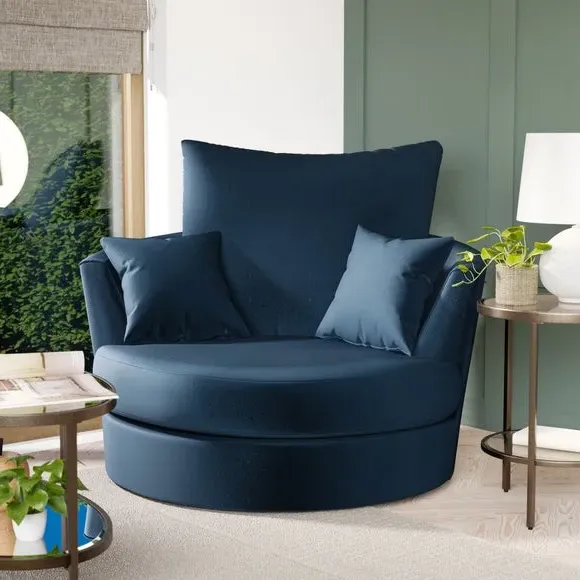 Curved Arm Swivel Chair - Navy, Velvet