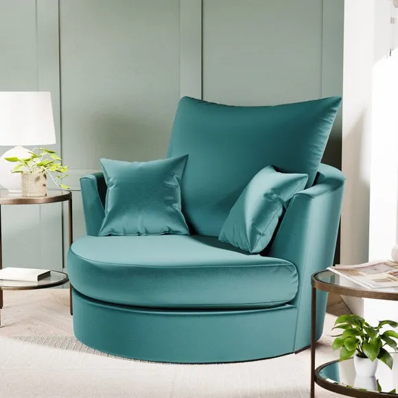 Curved Arm Swivel Chair - Teal, Velvet