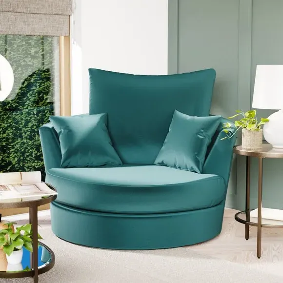 Curved Arm Swivel Chair - Teal, Velvet