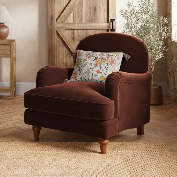 Curved Armchair with Wooden Legs - Chestnut, Velvet image