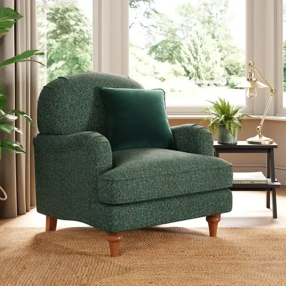 Curved Armchair with Wooden Legs - Green, Chenille image