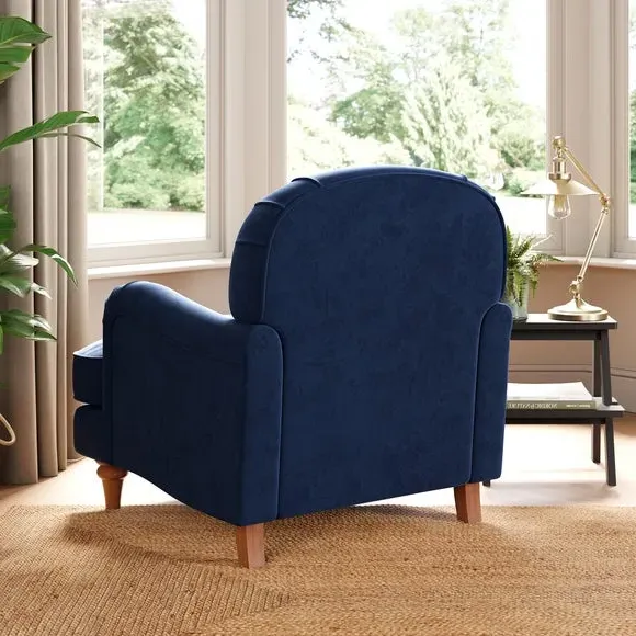 Curved Armchair with Wooden Legs - Navy, Velvet