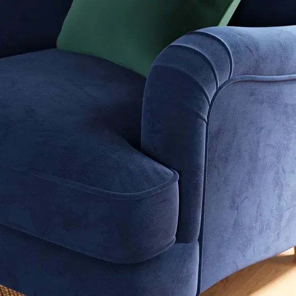 Curved Armchair with Wooden Legs - Navy, Velvet