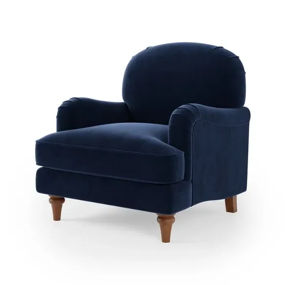 Curved Armchair with Wooden Legs - Navy, Velvet