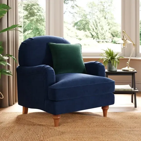 Curved Armchair with Wooden Legs - Navy, Velvet image