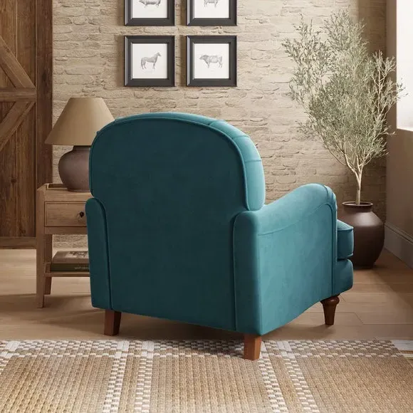 Curved Armchair with Wooden Legs - Petrol, Velvet