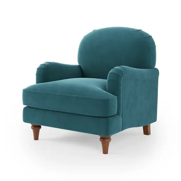 Curved Armchair with Wooden Legs - Petrol, Velvet