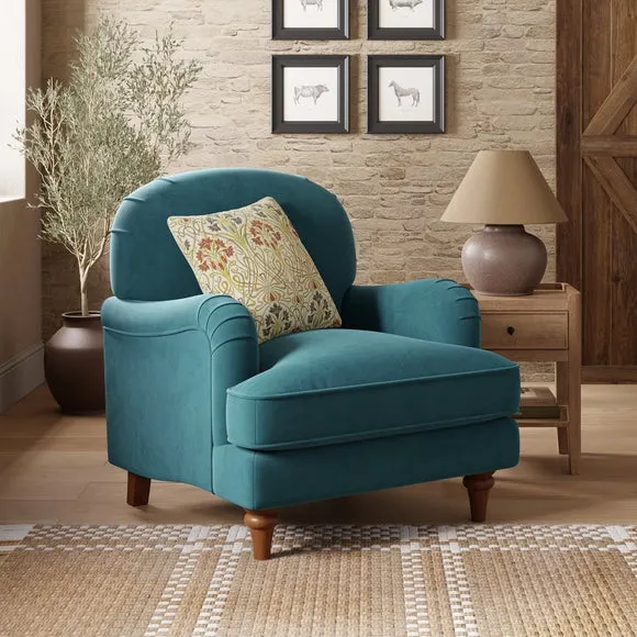 Curved Armchair with Wooden Legs - Petrol, Velvet