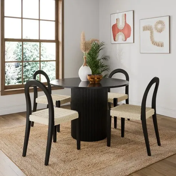 Curved Dining Chair with Woven Seat - Black, Wood