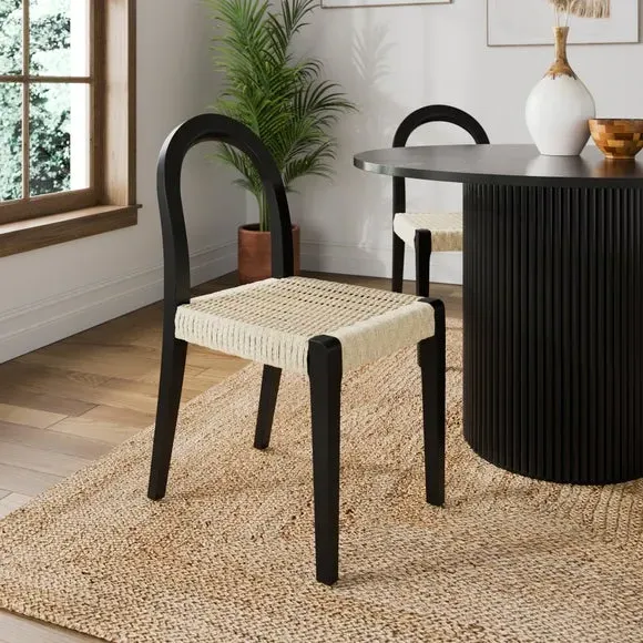 Curved Dining Chair with Woven Seat - Black, Wood image