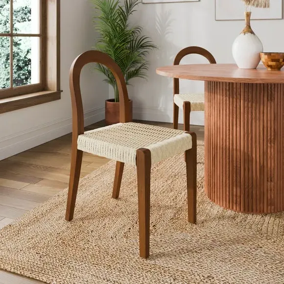 Curved Dining Chair with Woven Seat - Dark, Wood