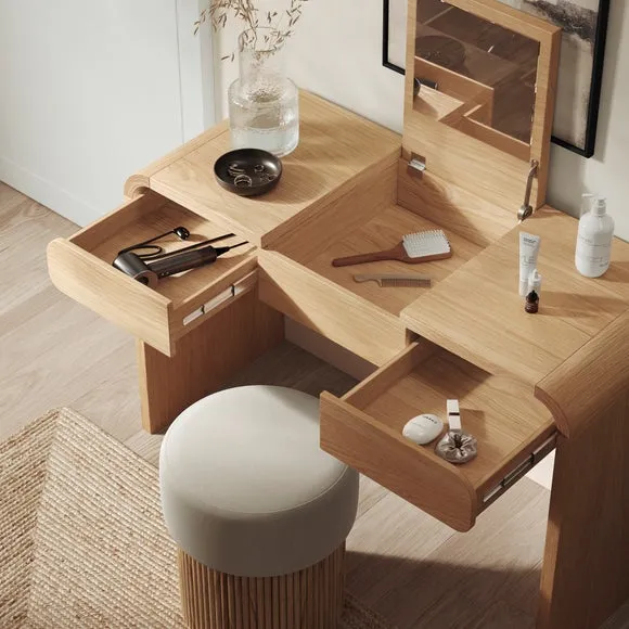 Curved Dressing Table with Mirror - Light Oak