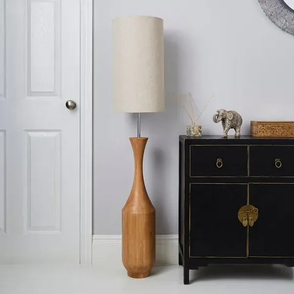 Curved Floor Lamp with Fabric Shade - Mango Wood
