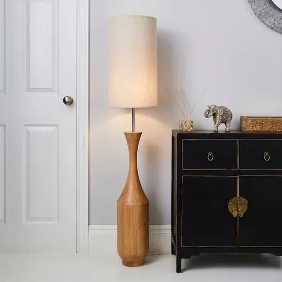 Curved Floor Lamp with Fabric Shade - Mango Wood image