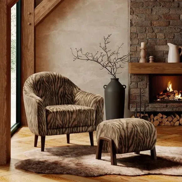 Curved Footstool Zebra Print - Brown, Faux Fur