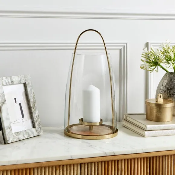 Curved Lantern with Wood Base - Gold, Glass