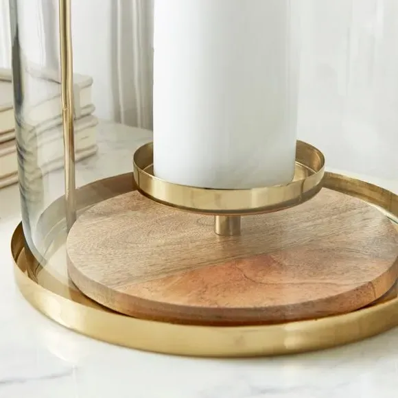 Curved Lantern with Wood Base - Gold, Glass