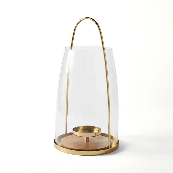 Curved Lantern with Wood Base - Gold, Glass