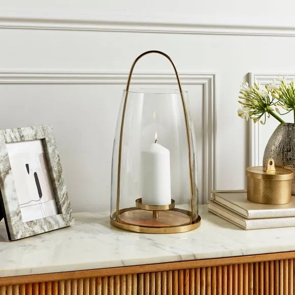 Curved Lantern with Wood Base - Gold, Glass image