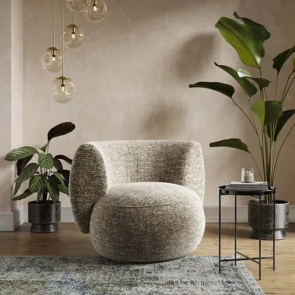 Curved Swivel Chair - Black, Boucle Fabric