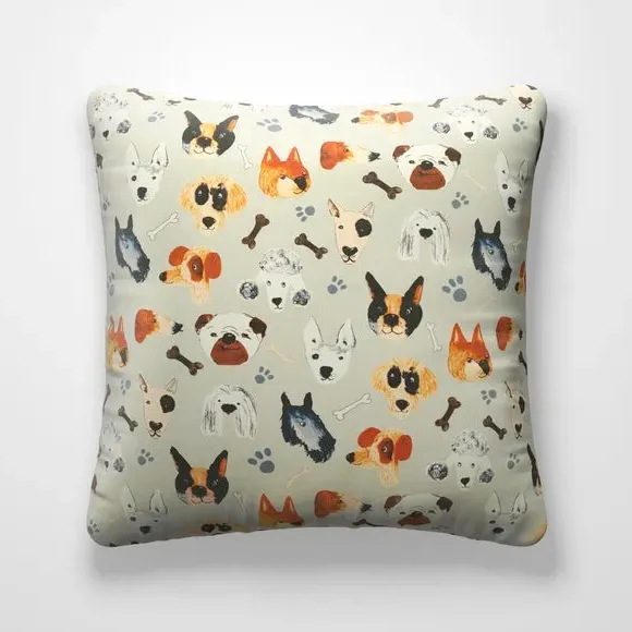 Cushion Cover with Dog Print - Natural, Cotton