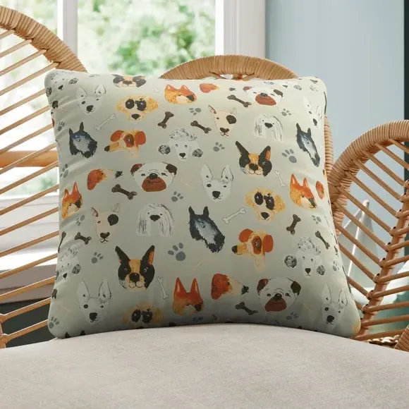Cushion Cover with Dog Print - Natural, Cotton