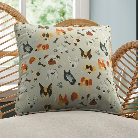 Cushion Cover with Dog Print - Natural, Cotton