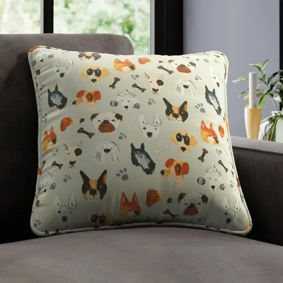 Cushion Cover with Dog Print - Natural, Cotton
