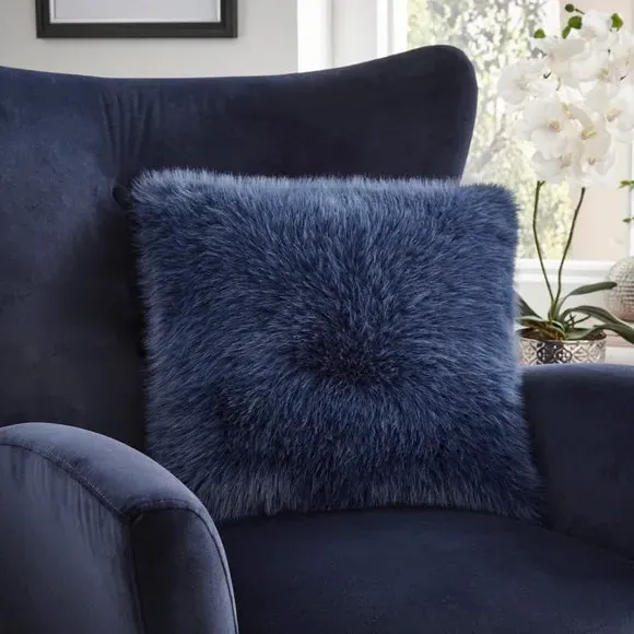 Cushion Cover with Faux Fur - Navy, Polyester