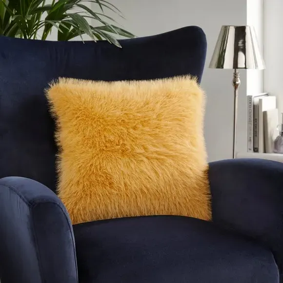 Cushion Cover with Faux Fur - Ochre, Polyester