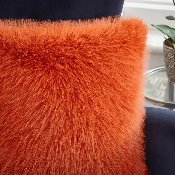 Cushion Cover with Faux Fur - Orange, Polyester